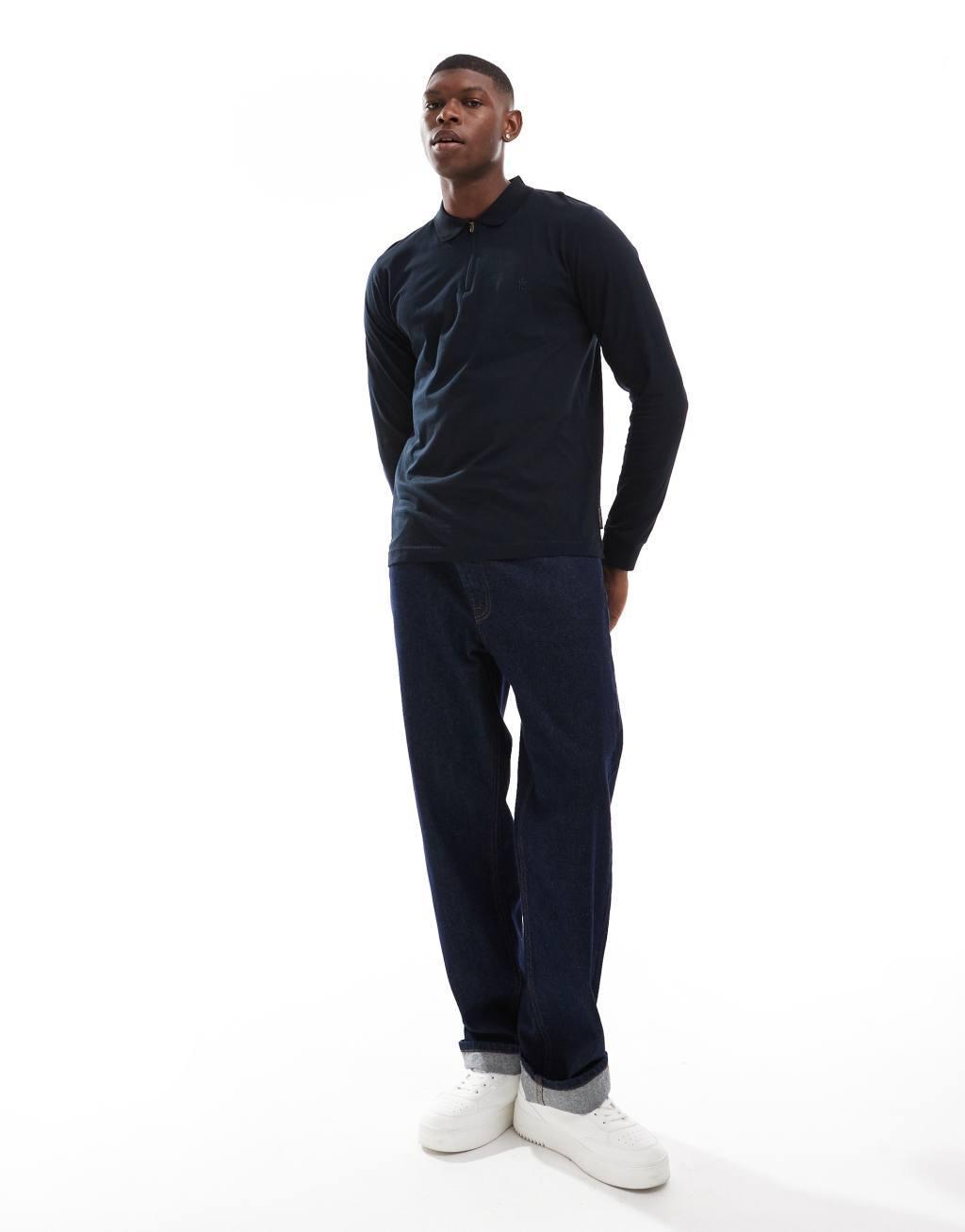 French Connection zip polo shirt in navy Product Image