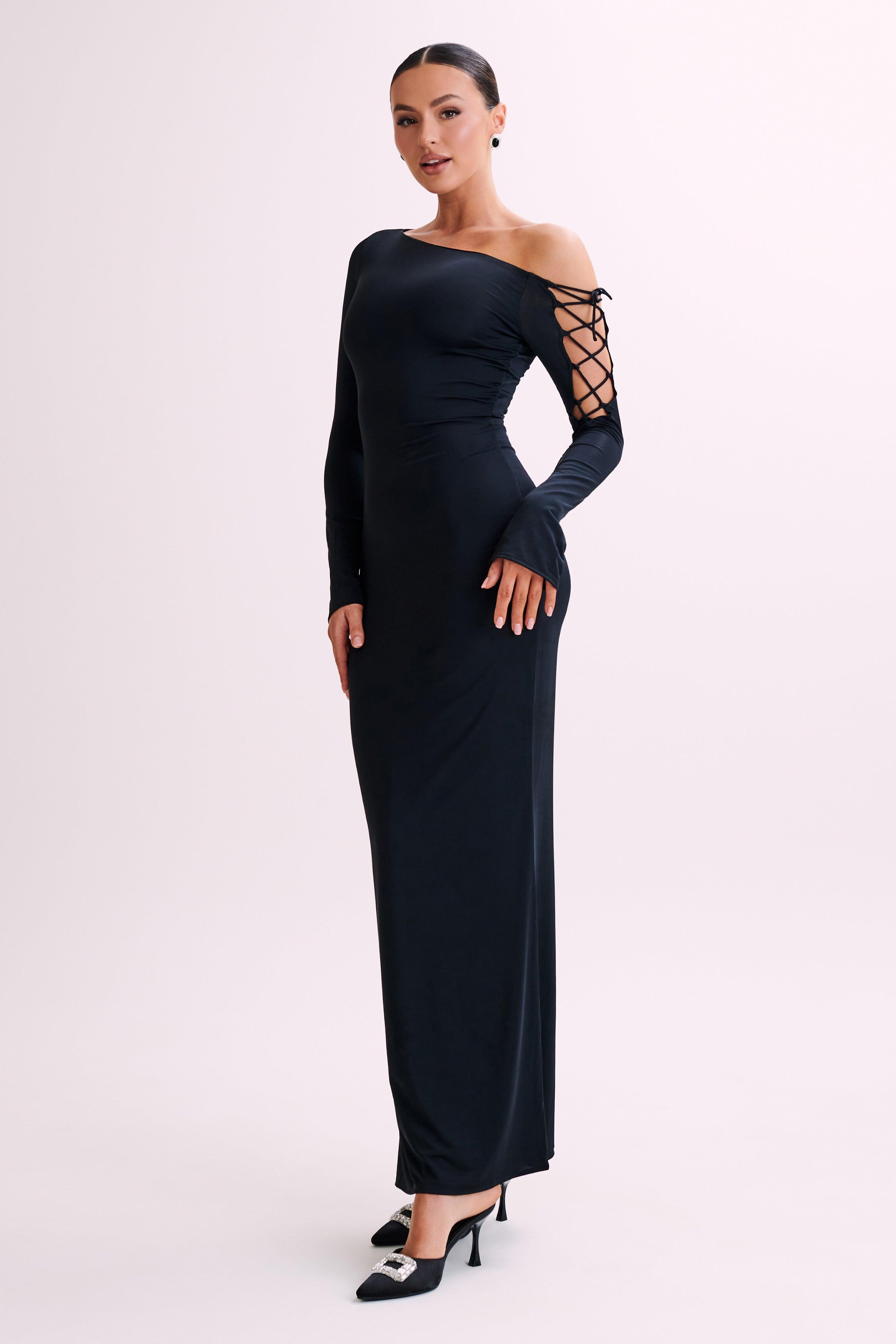 Gabby Tie Sleeve Slinky Maxi Dress - Black Product Image