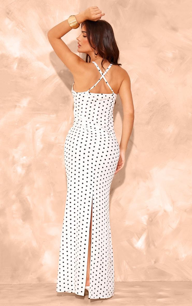 White Polka Dot Satin Rose Detail Maxi Dress Product Image