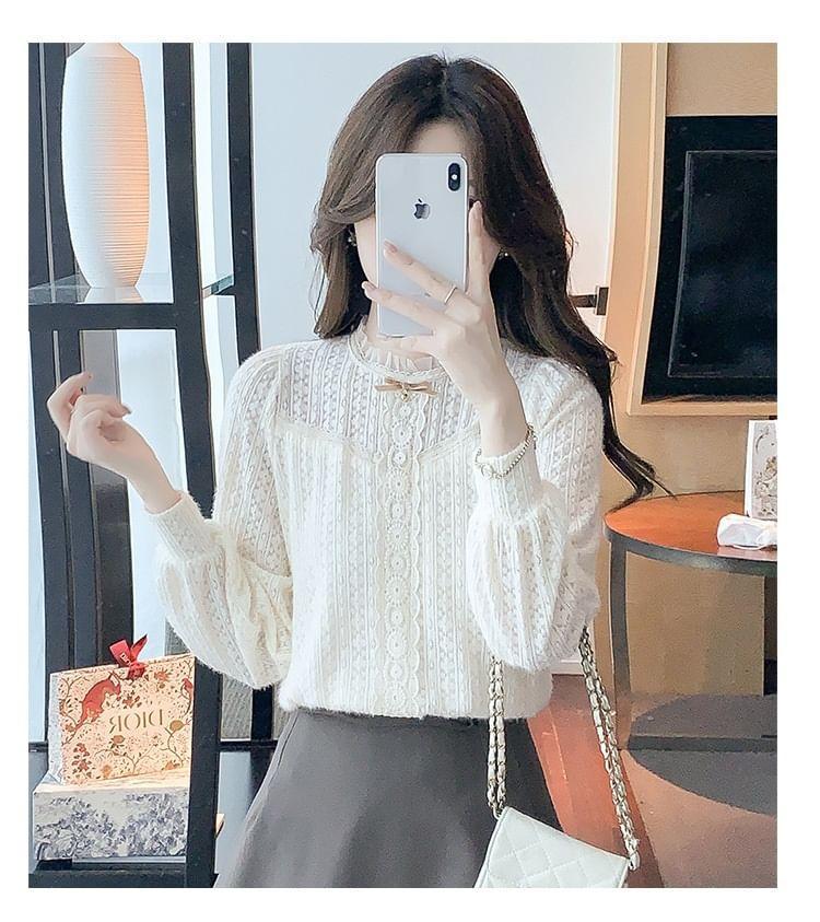 Long-Sleeve Bow Frill Trim Lace Blouse Product Image