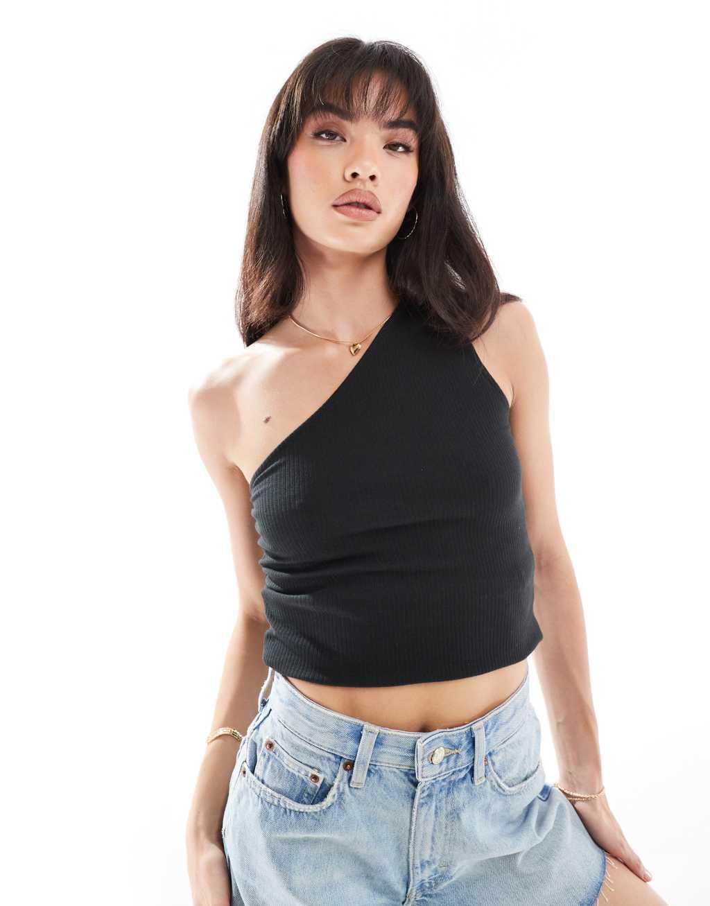 Pieces one shoulder top in black Product Image