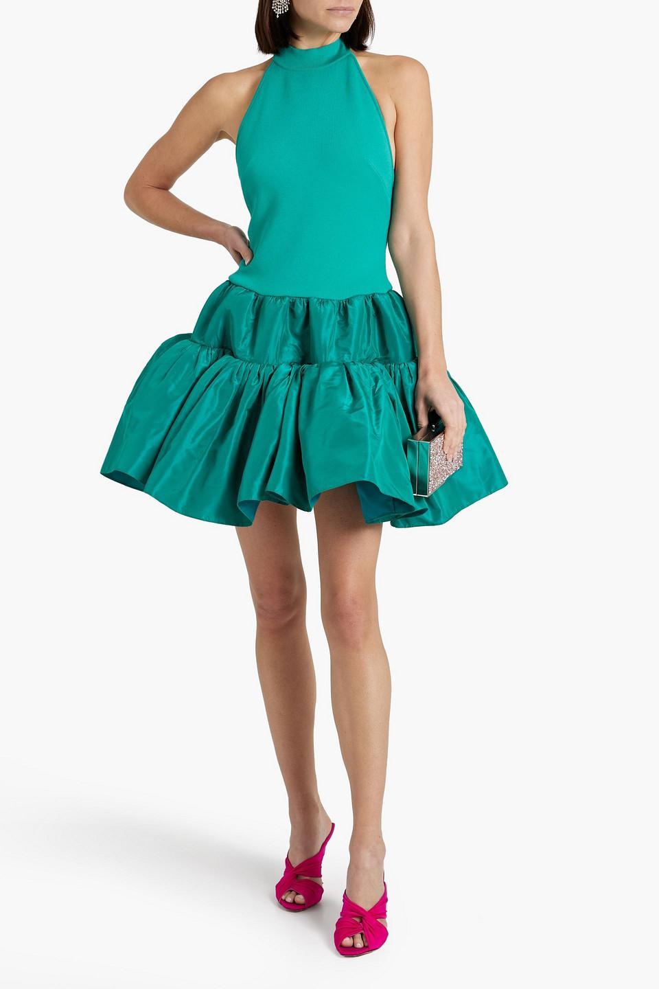 Tiered Stretch-knit And Silk-taffeta Halterneck Mini Dress In Seagreen Product Image