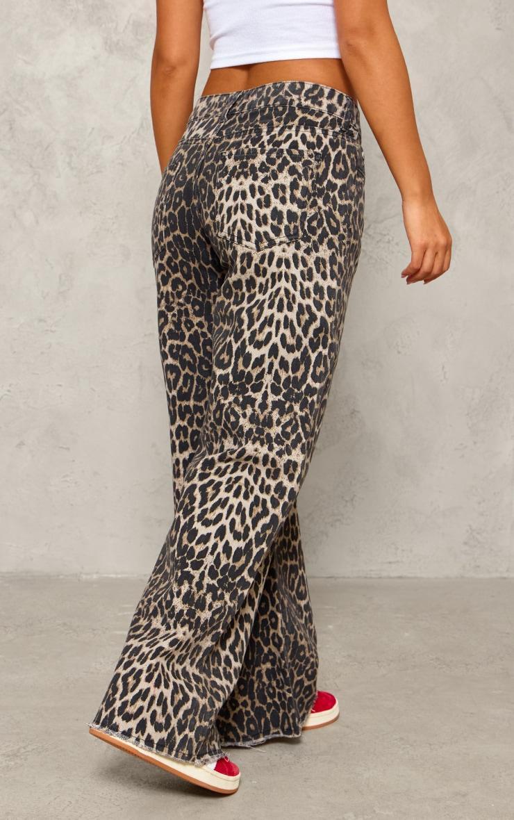 Petite Brown Leopard Print Denim Wide Leg Jeans Product Image