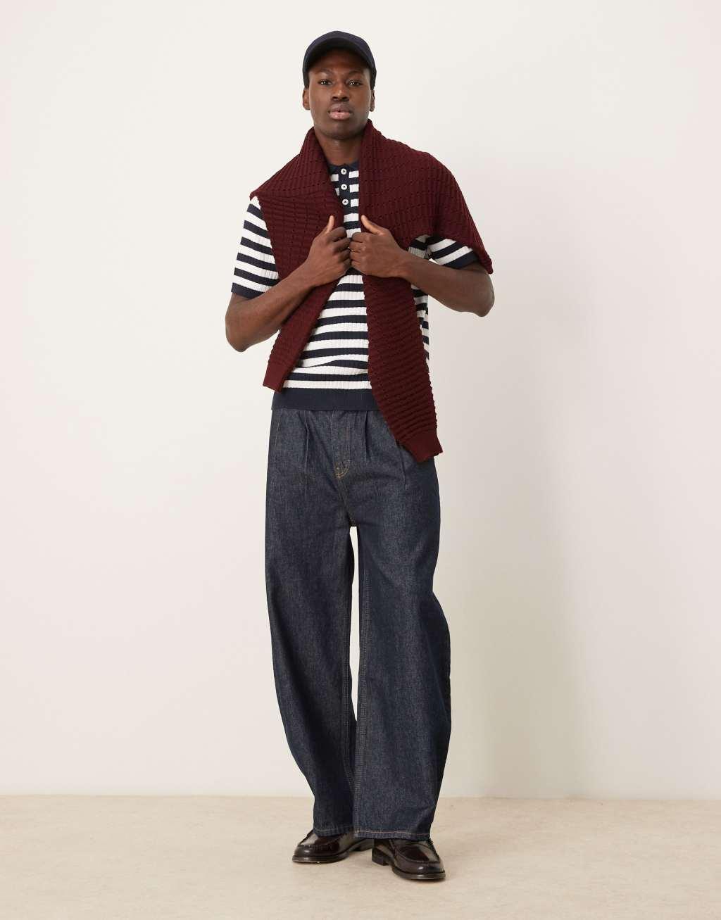 ASOS DESIGN knit polo with stripe pattern in navy and white Product Image