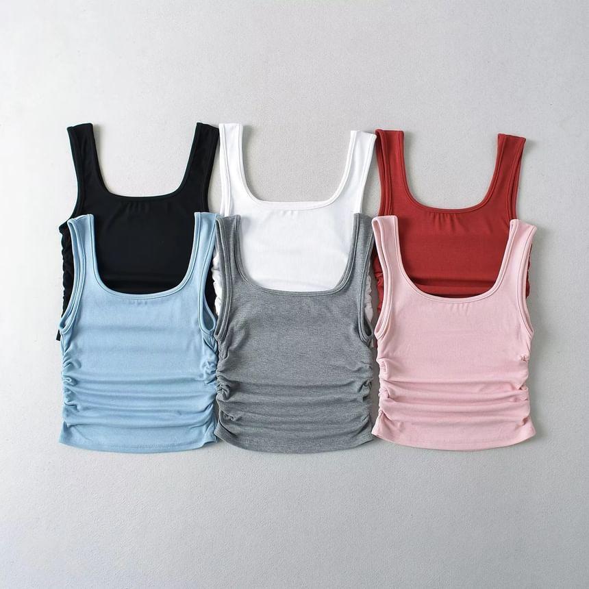 Ribbed Scoop Neck Plain Ruched Cropped Tank Top Product Image