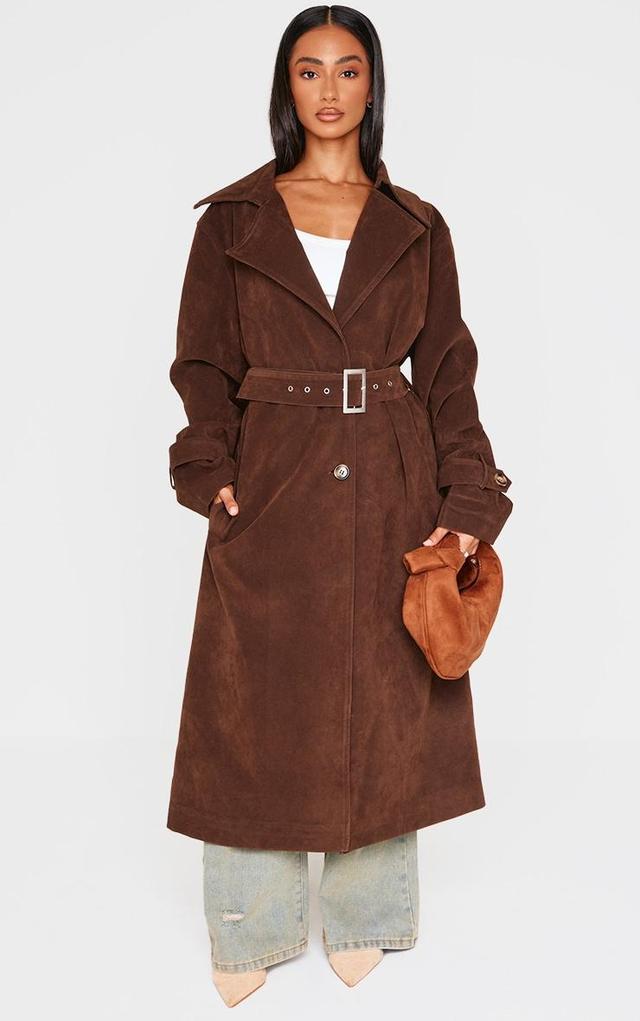 Petite Chocolate Faux Suede Belted Trench Coat Product Image