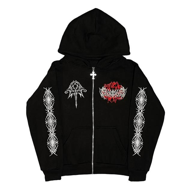 Vintage Saint Graphic Loose Velvet Pocket Zip Hoodie Product Image