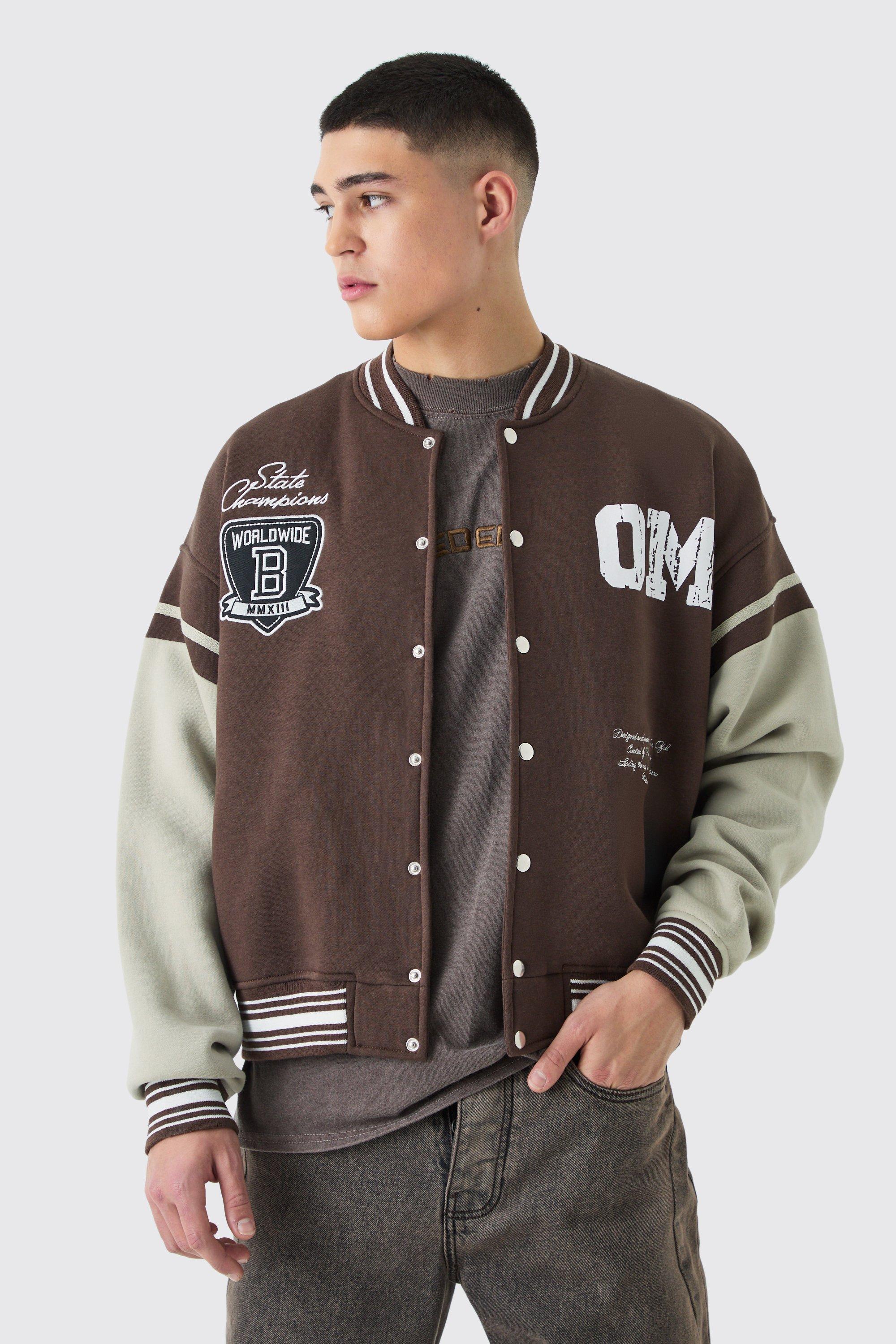 Boxy Embroidered Jersey Varsity Jacket | boohooMAN USA Product Image