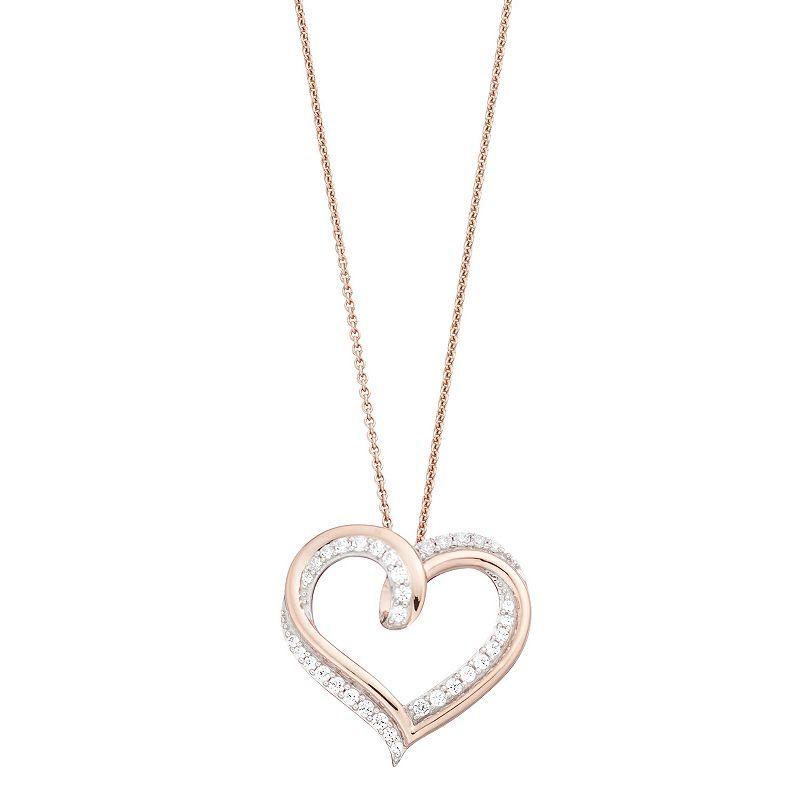 Two Tone Sterling Silver 1/2 Carat T.W. Diamond Heart Pendant Necklace, Womens White Product Image