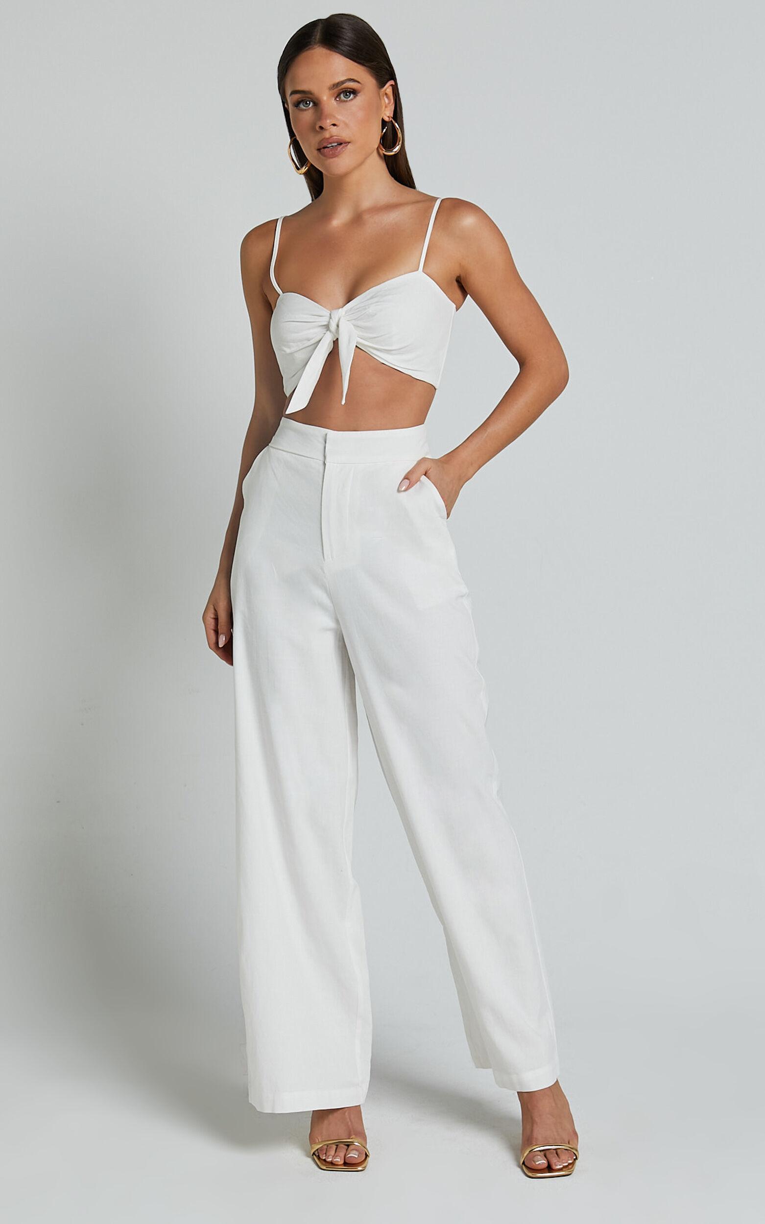 Astria Two Piece Set - Tie Top and High Waisted Wide Leg Pants Set in White Product Image