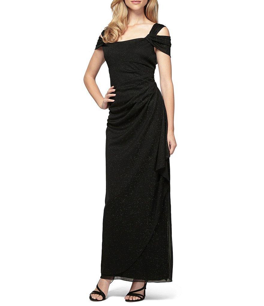 Alex Evenings Petite Size Cowl Square Neck Cap Sleeve Cold Shoulder Ruched Side Glitter Mesh Gown Product Image