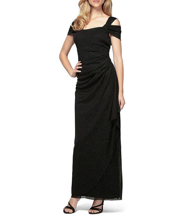 Alex Evenings Petite Size Cowl Square Neck Cap Sleeve Cold Shoulder Ruched Side Glitter Mesh Gown Product Image