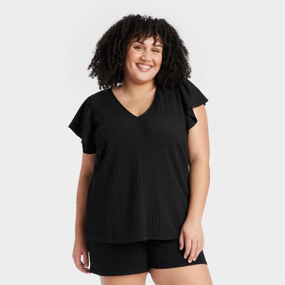 Womens Flutter Short Sleeve V-Neck T-Shirt - Ava & Viv Black 3X Product Image