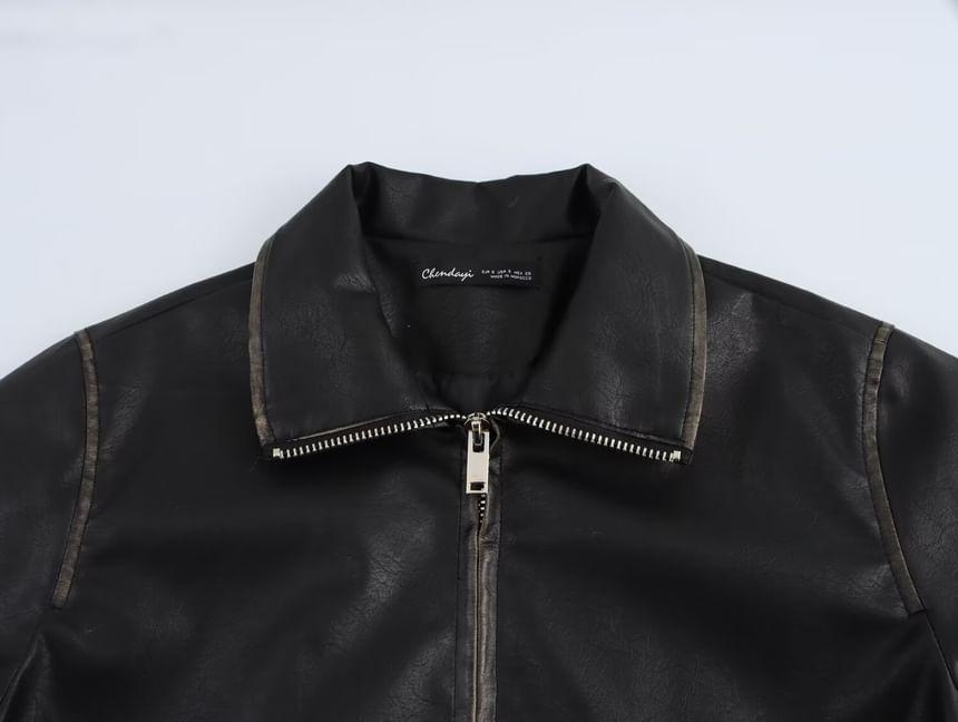 Stand Collar Faux Leather Zipper Cropped Jacket Product Image