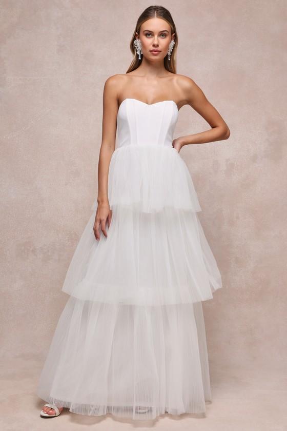 Exquisite Enchantment White Tulle Tiered Strapless Gown Product Image