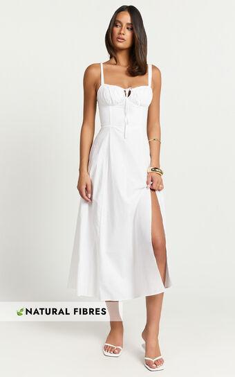 Maiya Midi Dress - Tie Front Fitted Bodice Dress in White Product Image