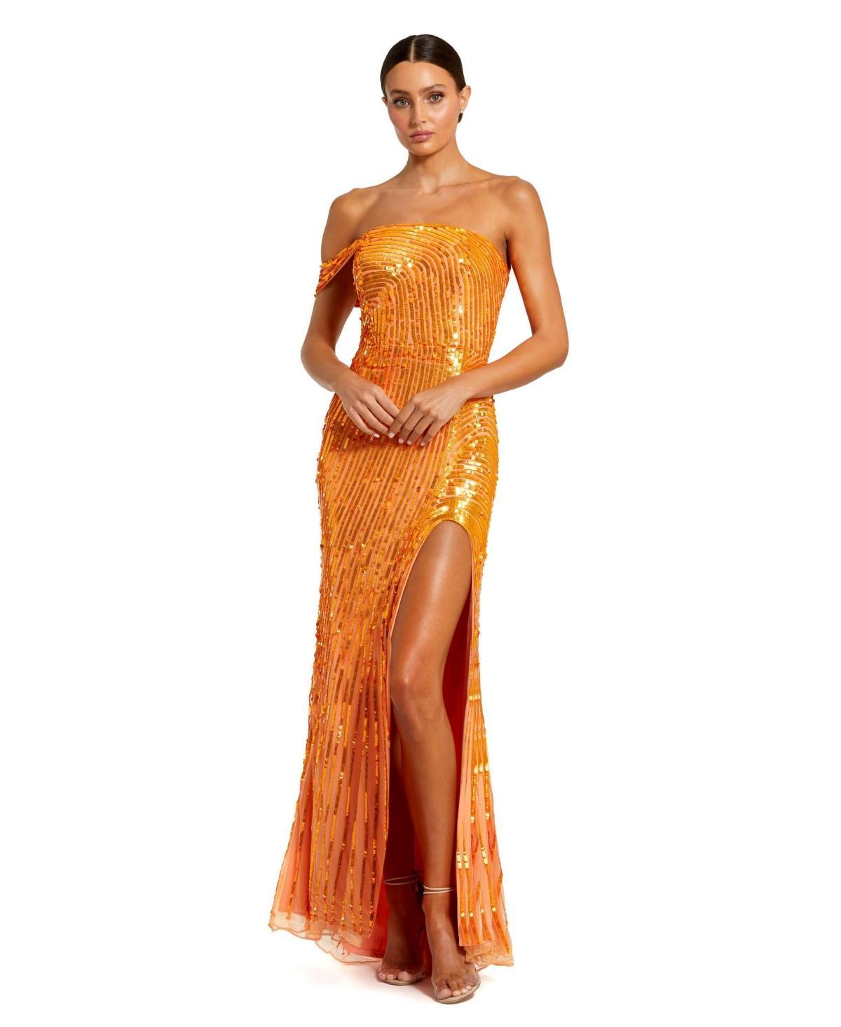 Mac Duggal Womens One Shoulder Mesh Sequin Gown With Slit Product Image