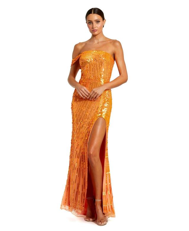 Mac Duggal Womens One Shoulder Mesh Sequin Gown With Slit Product Image