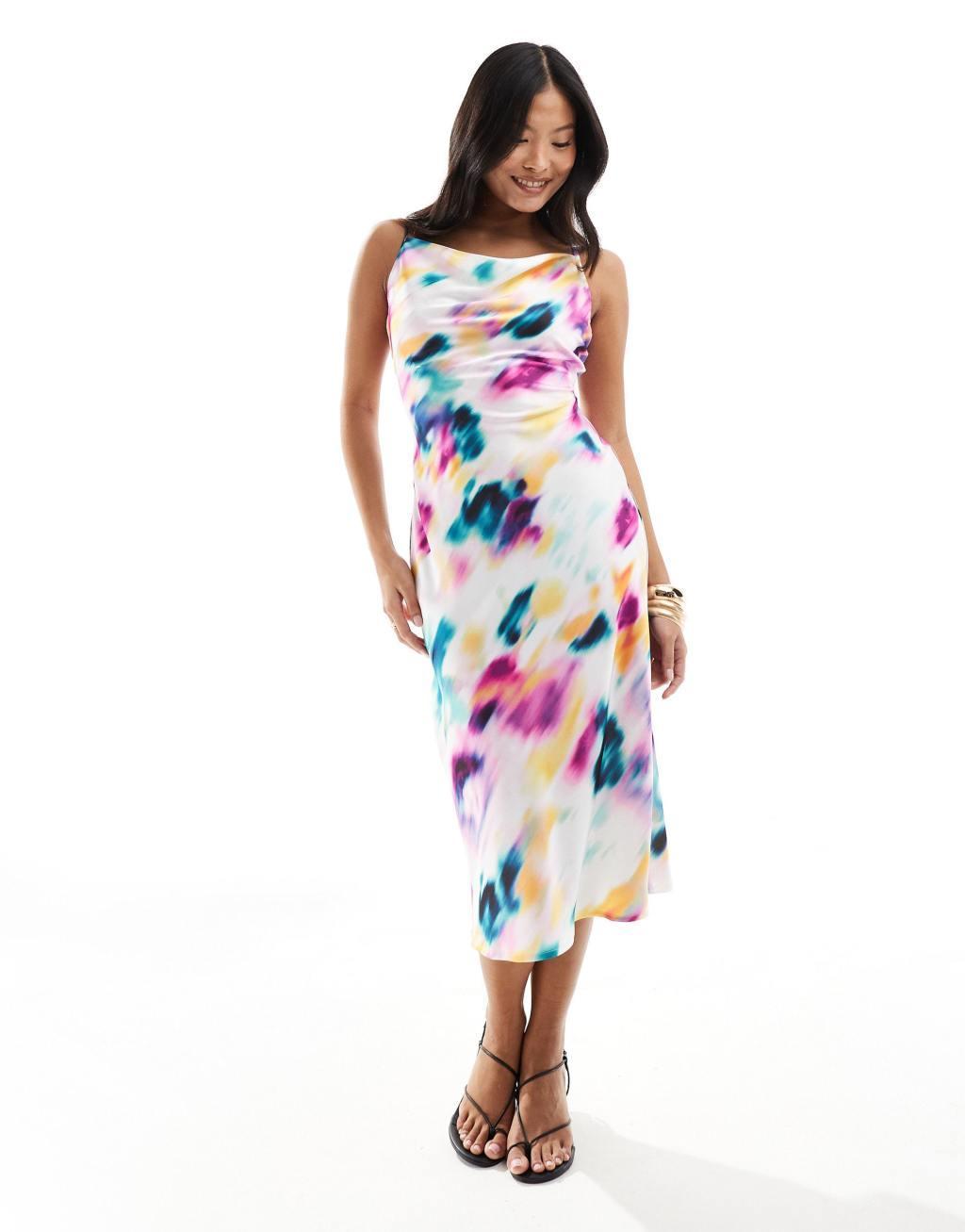 Vila Petite satin tie back midi dress in graphic blur print Product Image