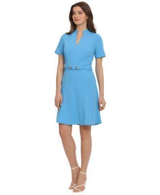 Women's Belted Short-Sleeve Fit & Flare Dress Product Image