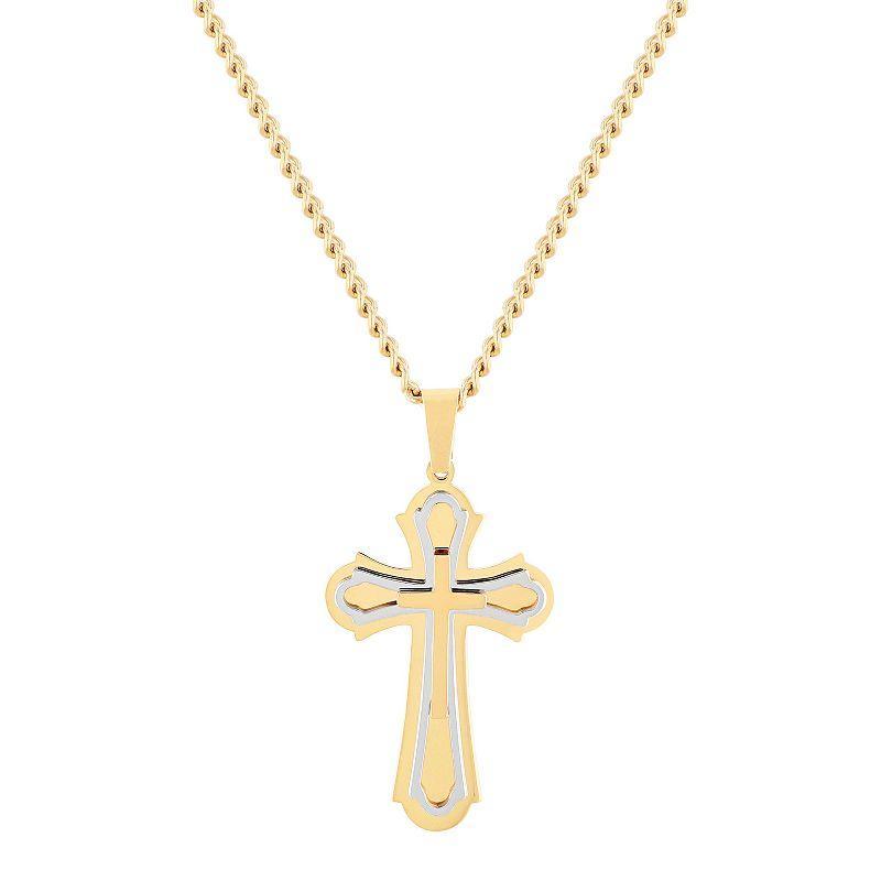 Steel Nation Mens Gold Tone Ion-Plated Ornate Cross Pendant Necklace Silver Product Image