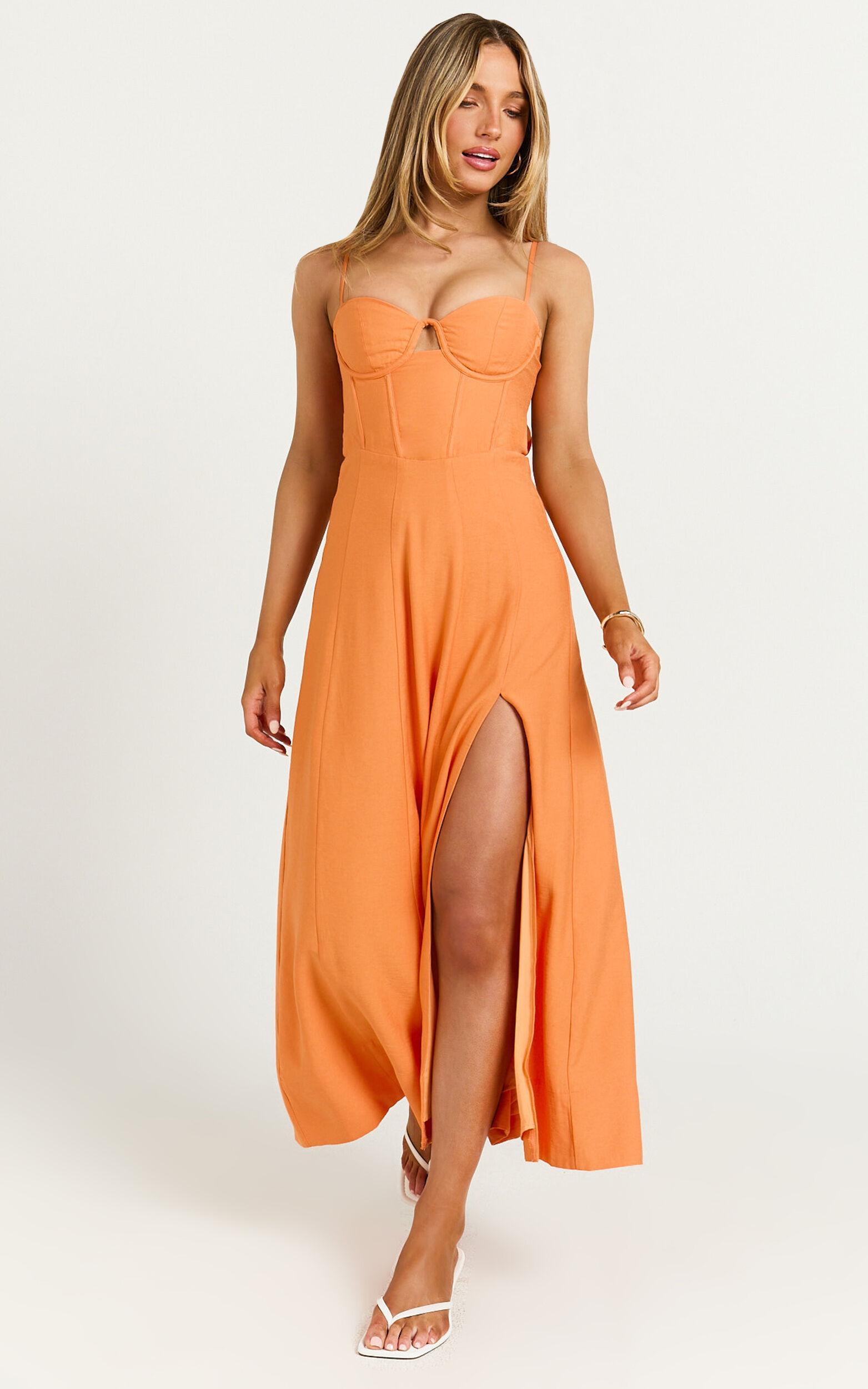 Amalie The Label - Ray Corset Panel Tie Back Midi Dress in Orange Product Image