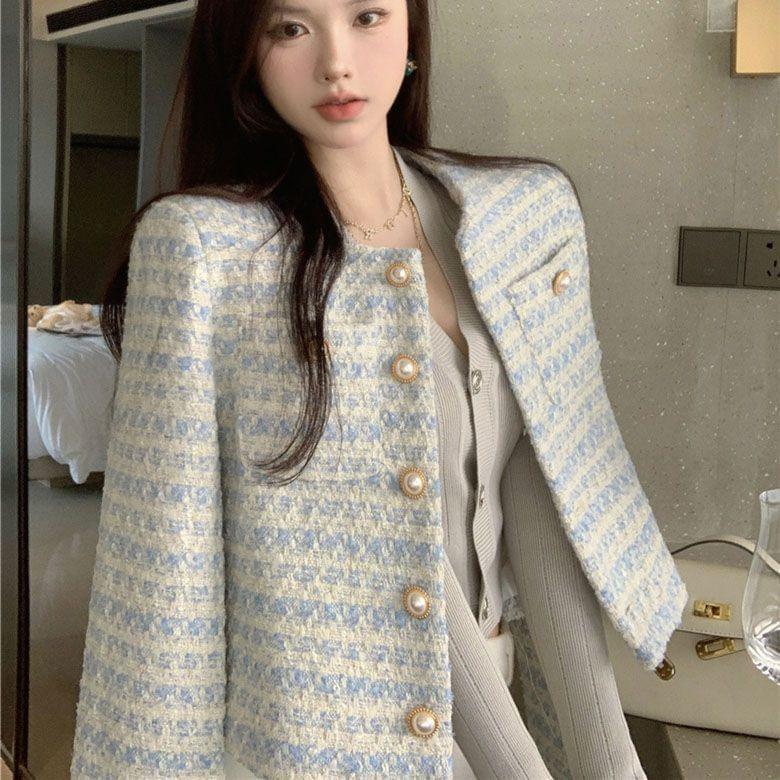 Round Neck Tweed Faux Pearl Button Jacket Product Image