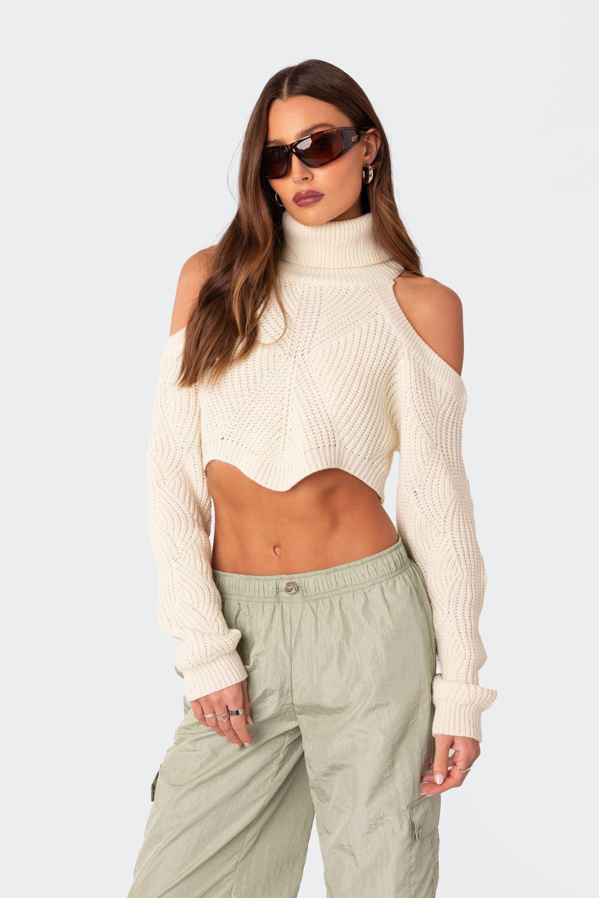 Asymmetric Cropped Open Shoulder Turtle Neck Sweater Product Image