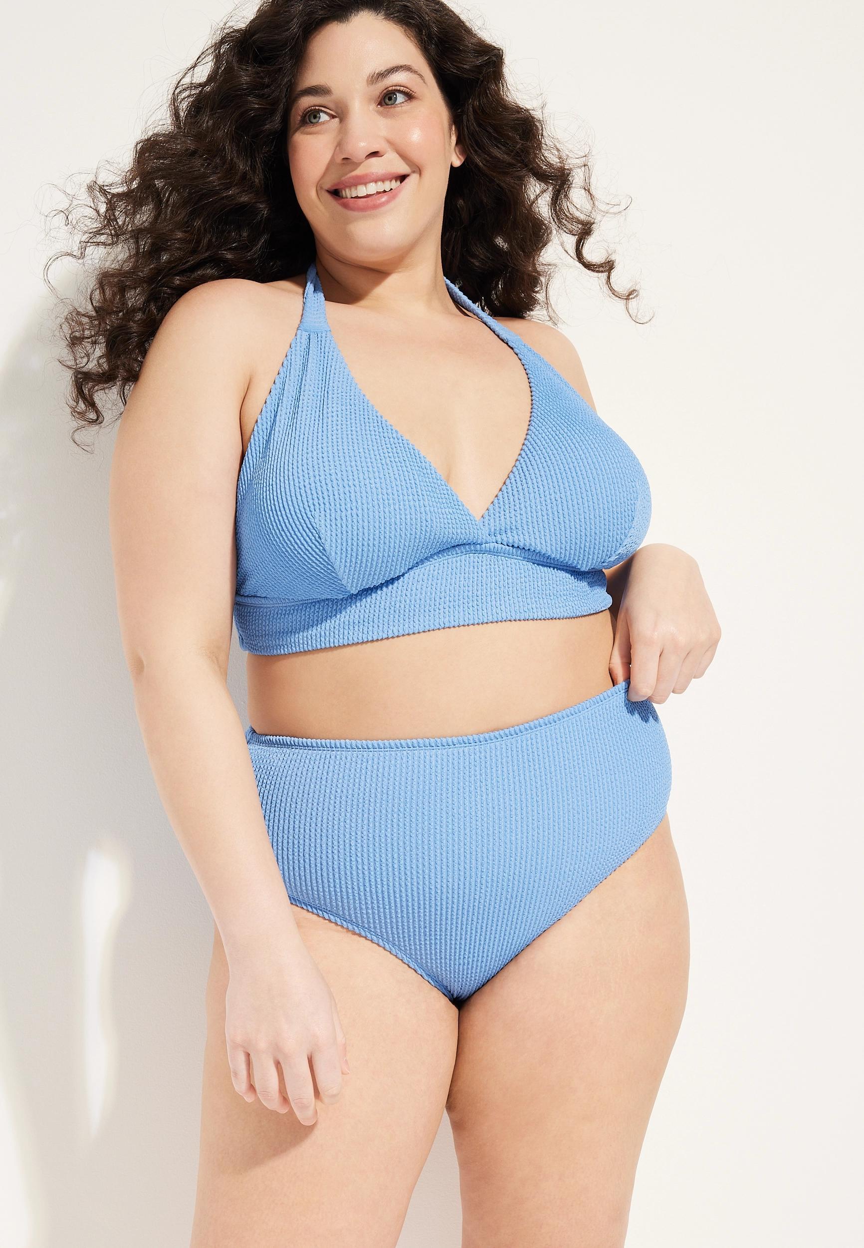 Maurices Plus Size Womens Crinkle High Waist Bikini Bottom Blue Size 3X Product Image