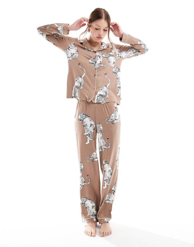 Chelsea Peers Exclusive poly tiger print button long sleeve top and pants pajama set in chocolate brown Product Image