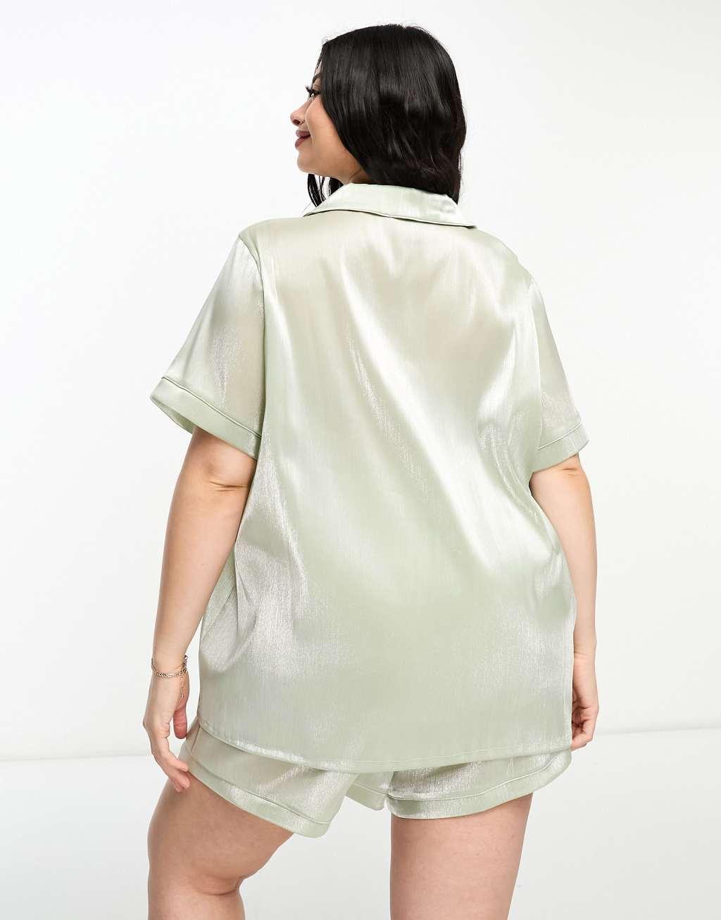 Loungeable Curve bridesmaid taffeta short sleeve revere shirt and short set in sage green Product Image