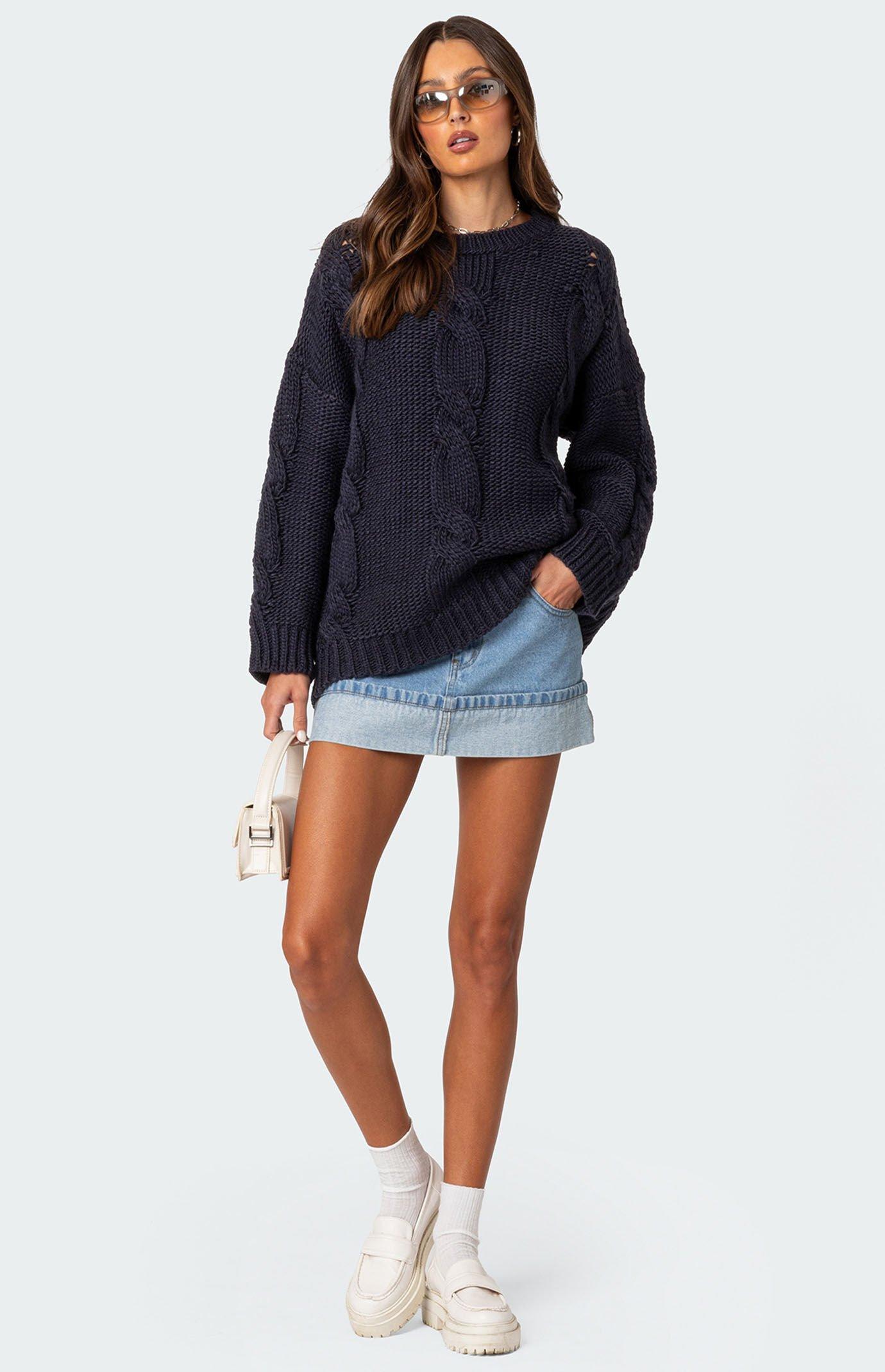 Edikted Women's Alene Oversized Cable Knit Sweater in B/W/T/B/N/G/O/R - product image