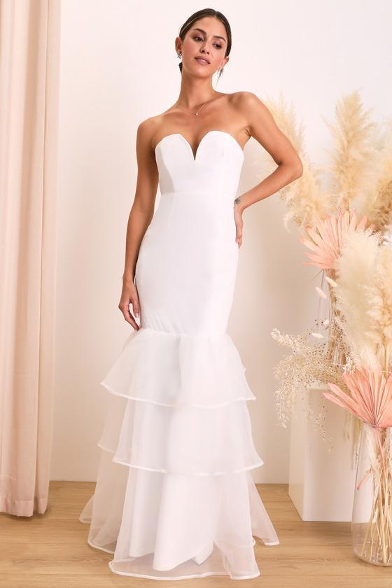 Forever Passionate White Organza Strapless Tiered Maxi Dress Product Image