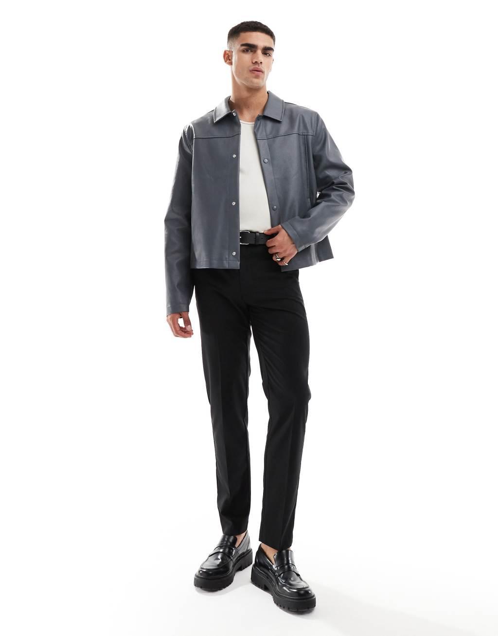 ASOS DESIGN faux leather harrington jacket in gray Product Image