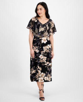 Petite V-Neck Floral Cape Midi Dress Product Image