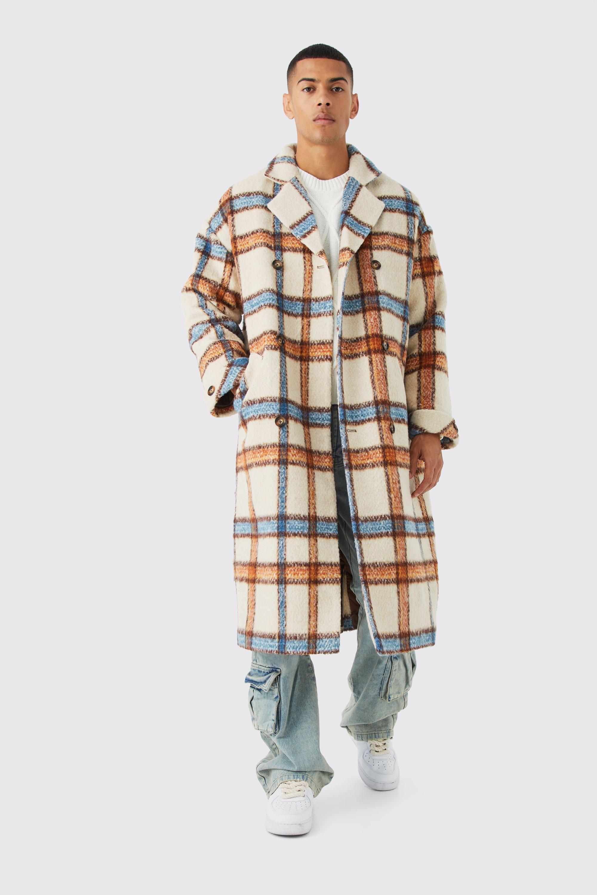 Brushed Check Double Breasted Overcoat in Ecru | boohooMAN USA Product Image