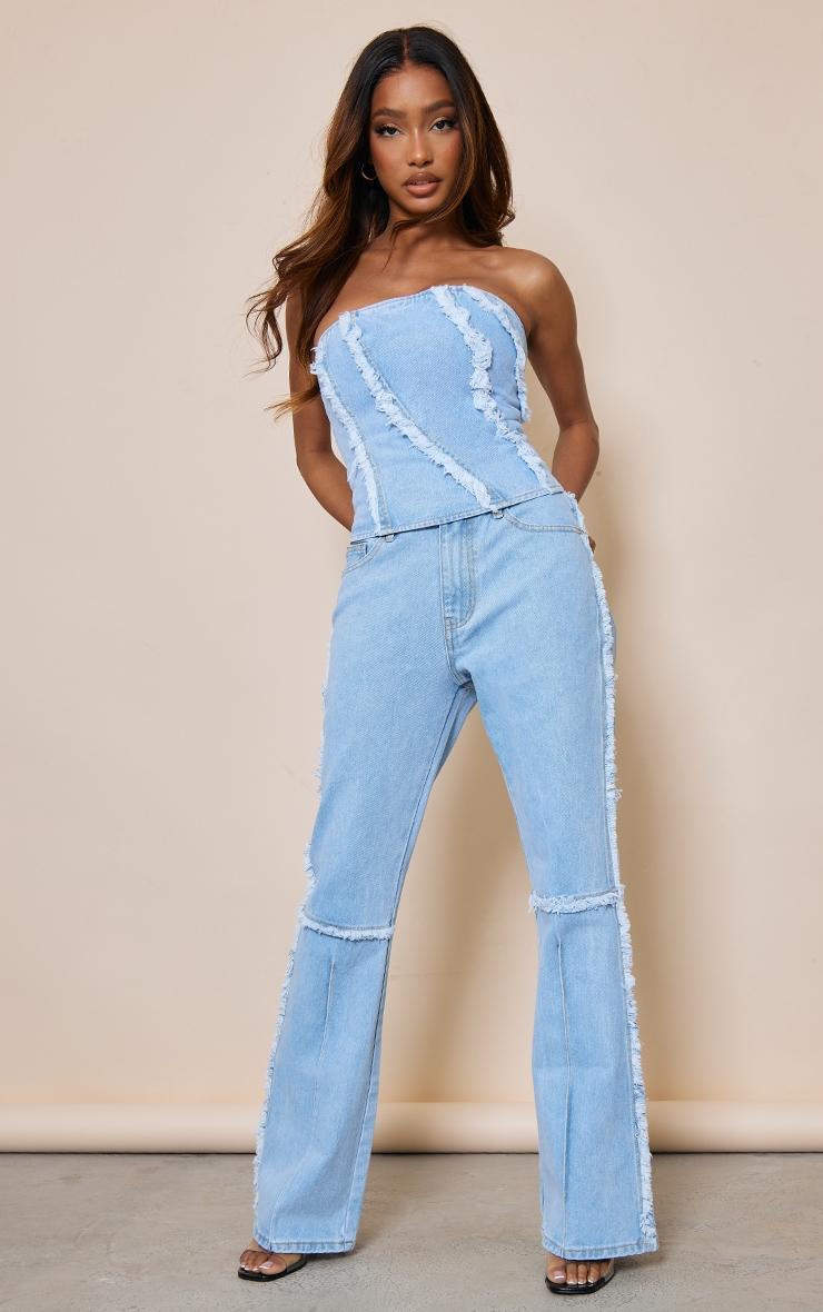 Light Blue Wash Frayed Seam Detail Denim Corset Top Product Image