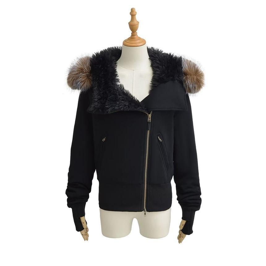 Long Sleeve Plain Fleeced Furry-Trim Hooded Zip-Up Jacket Product Image