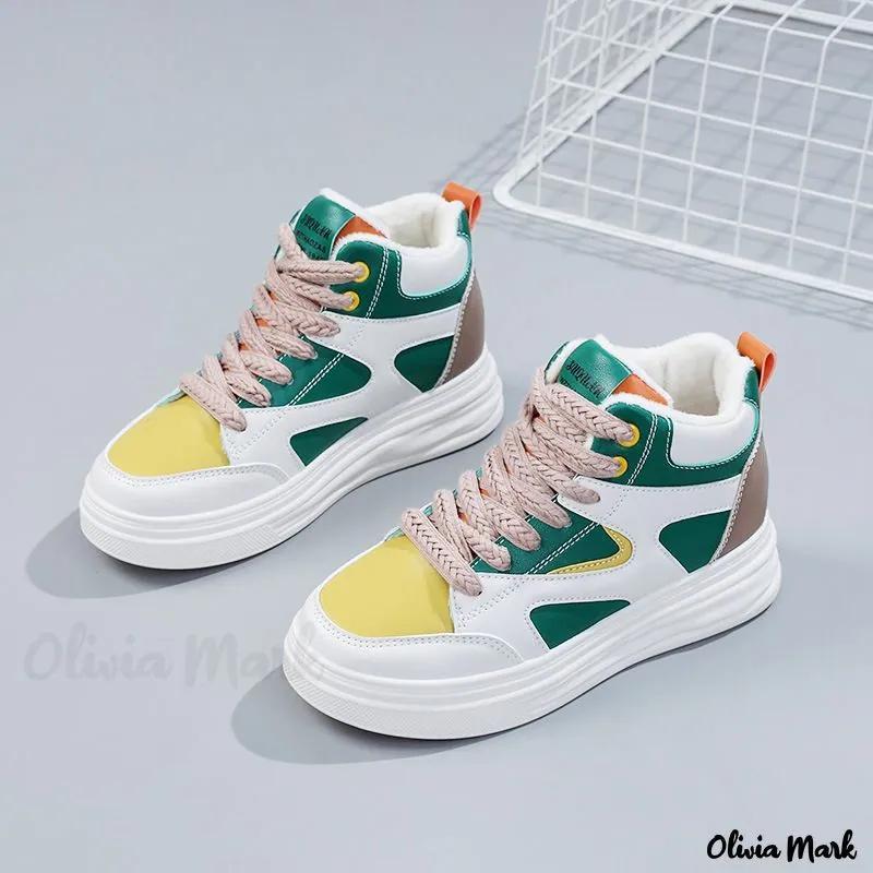 Olivia Mark – Fleece-Lined Height Increasing White Sneakers with Thick Sole and Color-Matching Casual Shoes Product Image