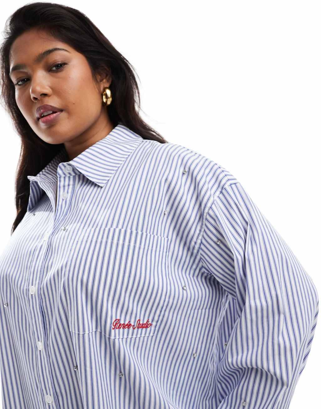 Renee Studio x Holly Wynne exclusive crystal embellished oversized embroidered logo shirt in blue stripe Product Image