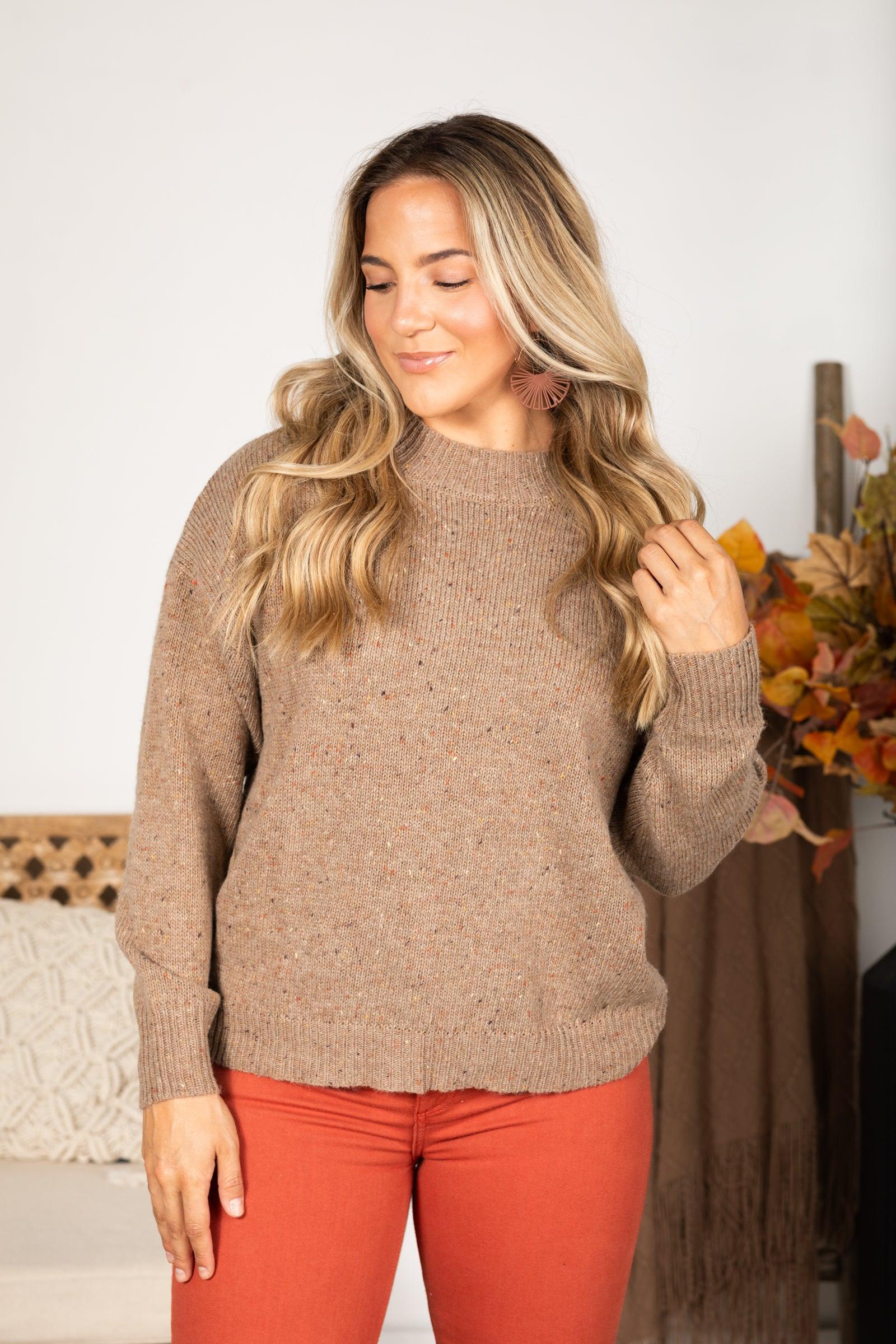 Taupe Speckle Knit Long Sleeve Sweater Product Image