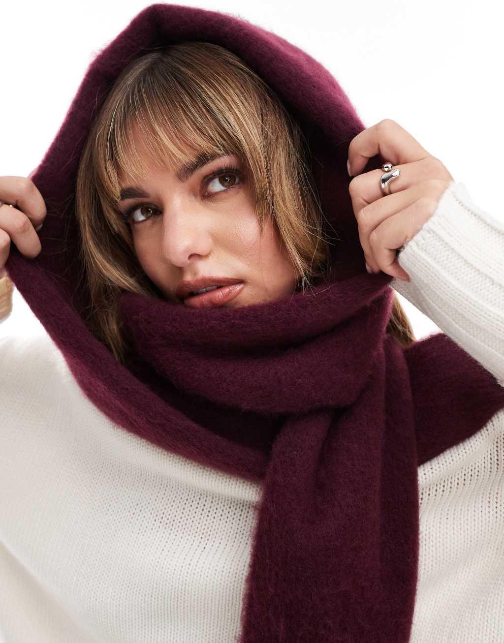 ASOS DESIGN fluffy tassel scarf in burgundy Product Image