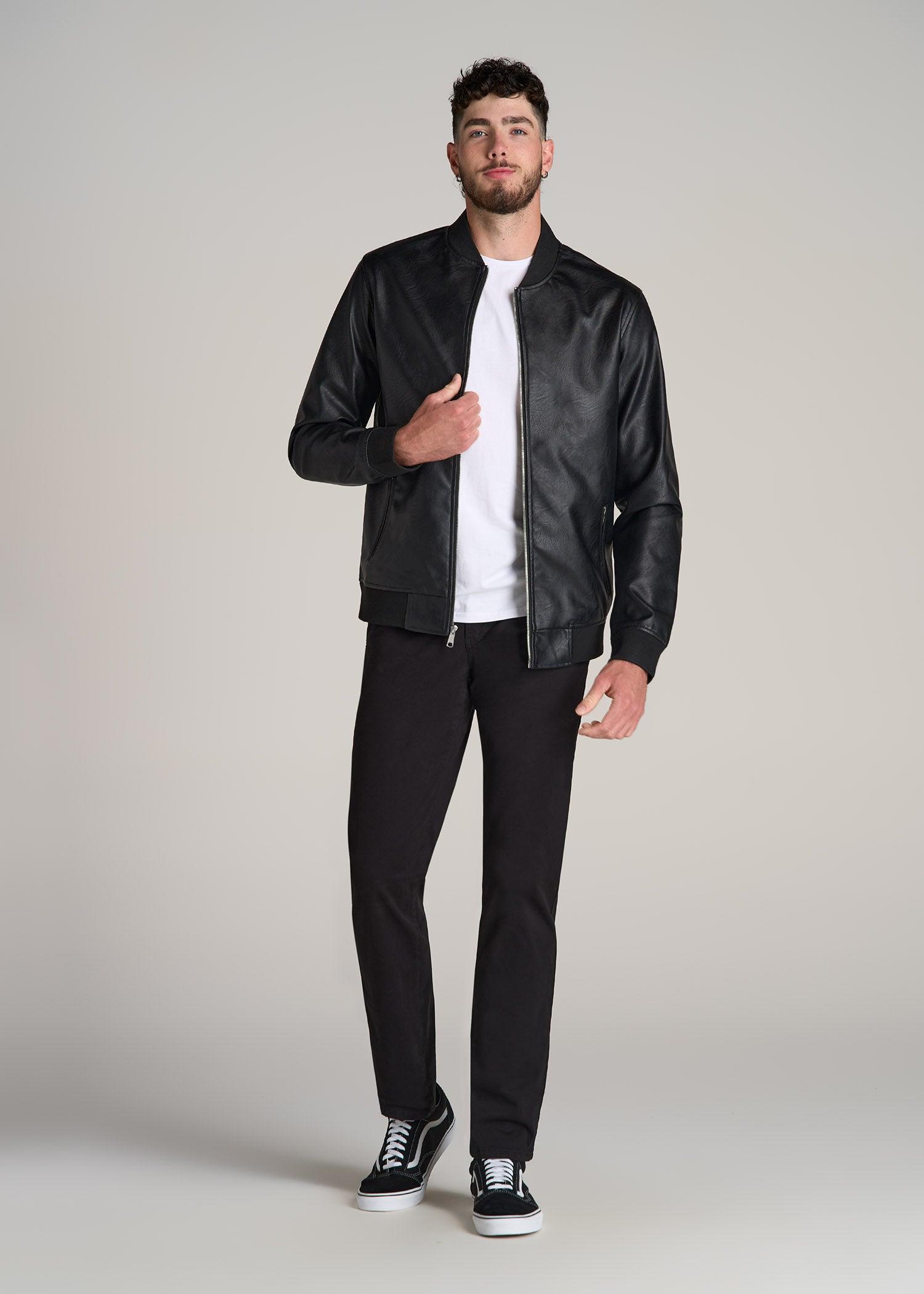 Faux Leather Bomber Jacket for Tall Men in Black Male Product Image