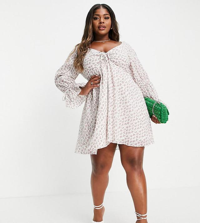 Ever New Curve sweetheart tiered romantic sleeve mini dress in ditsy floral Product Image