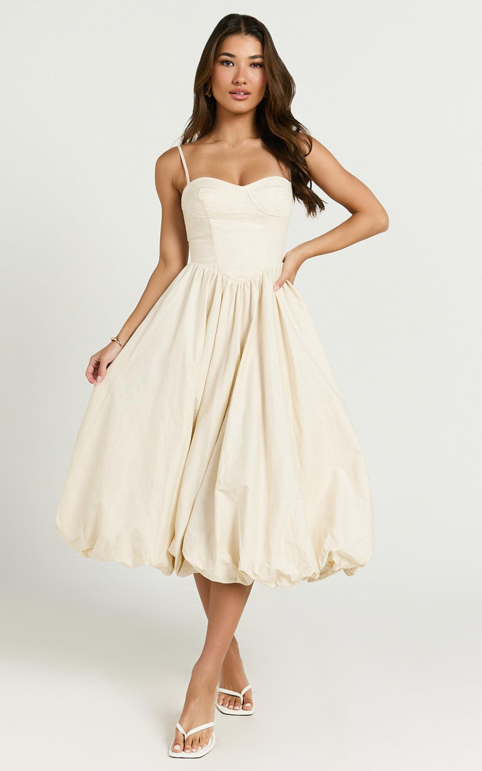 Kara Midi Dress - Strapped Bustier Bubble Hem Dress in Cream Product Image