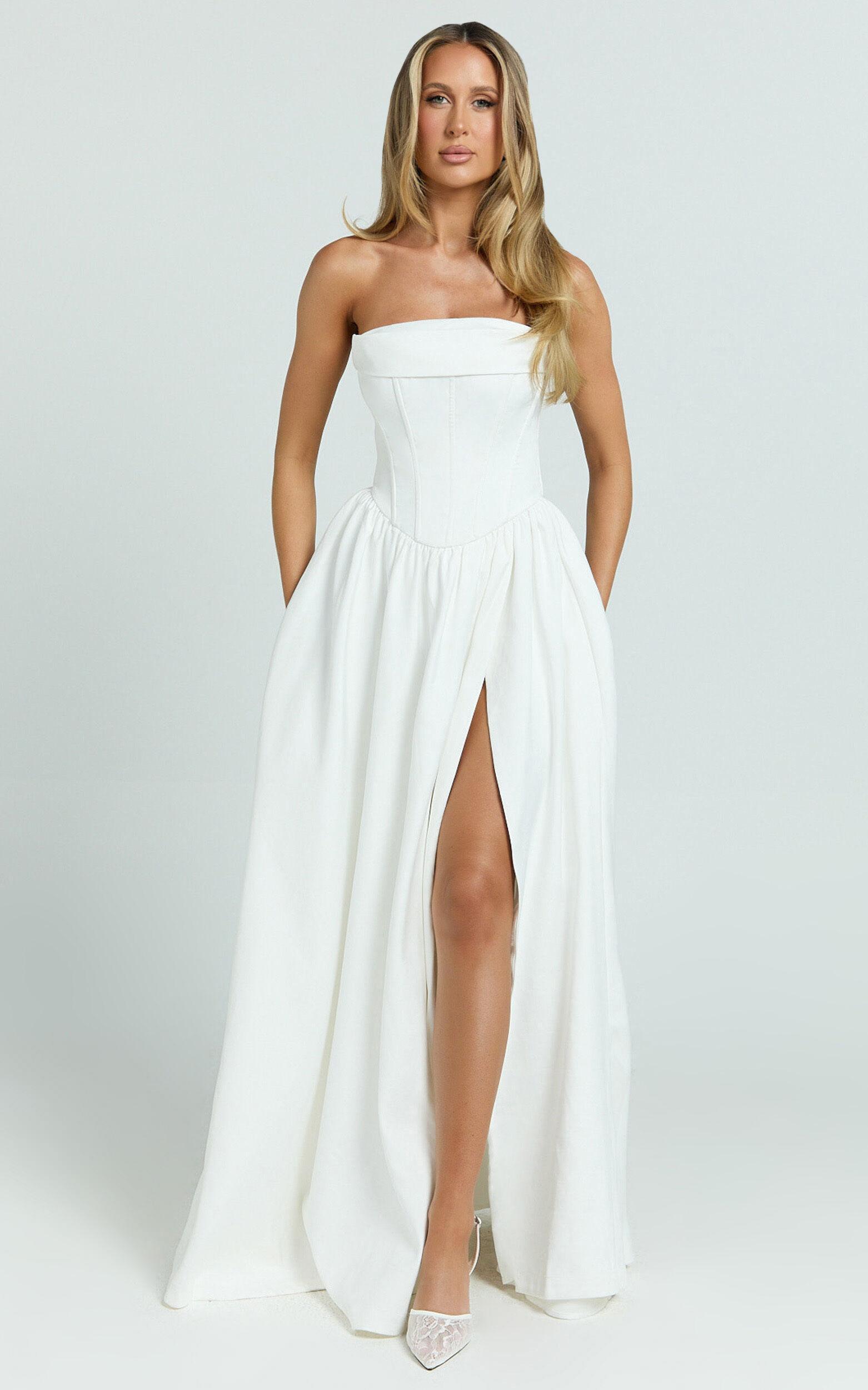 Jeannie Maxi Dress - Corset Panel High Split Dress in Off White Product Image