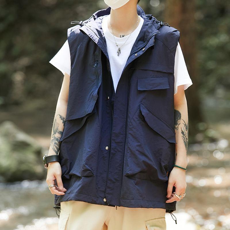 Plain Hooded Zip-Up Cargo Vest Product Image