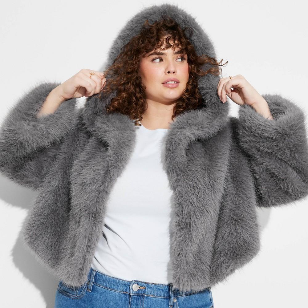 Womens Cropped Hooded Faux Fur Jacket - Wild Fable 2X Product Image