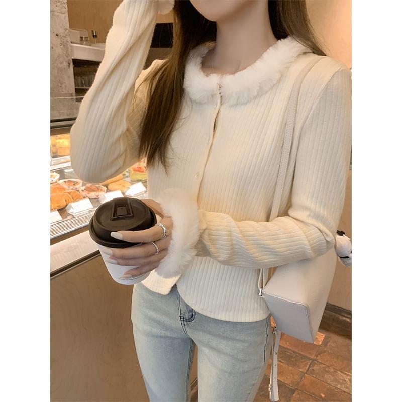 Furry Trim Plain Button-Up Cardigan Product Image