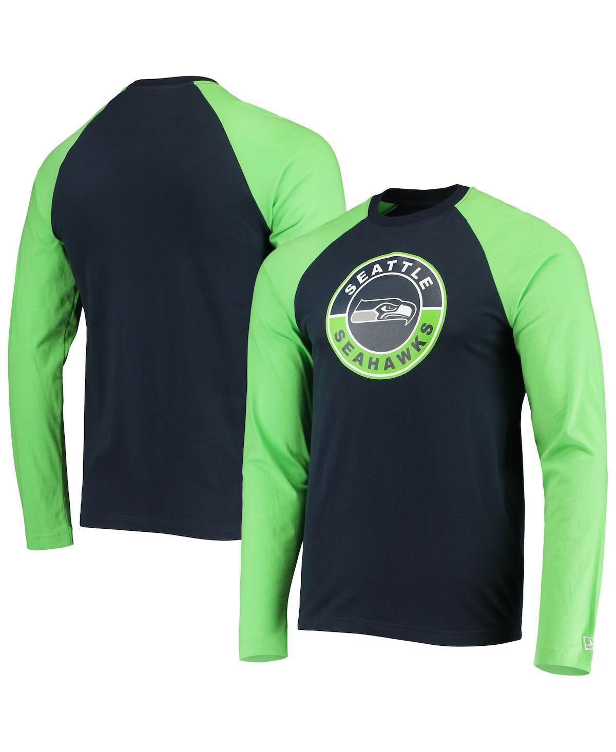 Mens New Era College /Neon Green Seattle Seahawks League Raglan Long Sleeve T-Shirt Blue Product Image